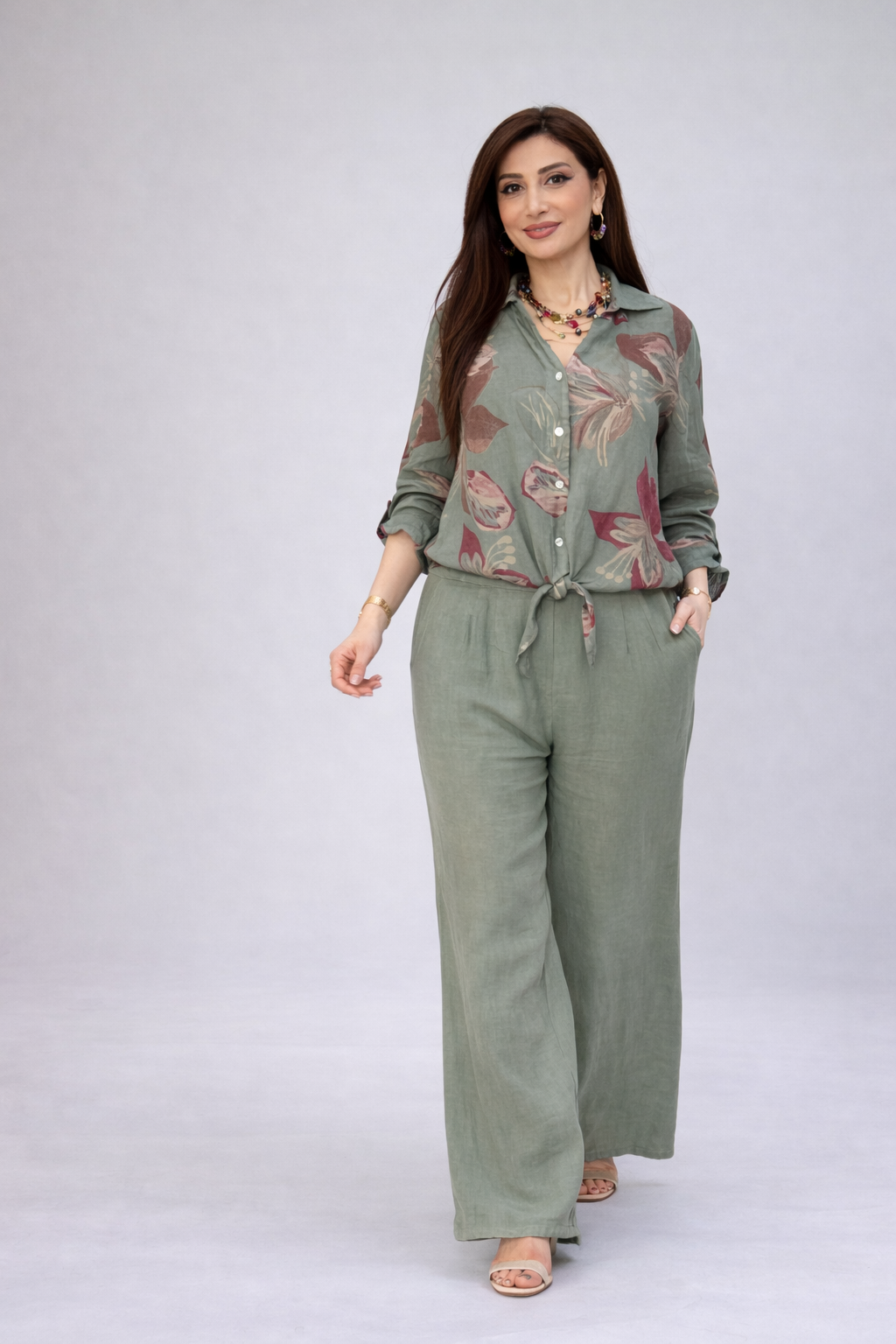 Elegant sage green floral look — full collection